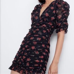 Zara Red Rose Floral Print Draped Ruched Ruffle Mini Cocktail Dress  Size Small